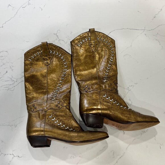 VTG LENNI Leather Low-Heel Western Boot Golden Color with Cut-Out Design 6.5 B - Picture 4 of 13